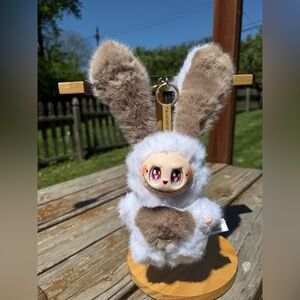 Labubu Bunny Monster Plush Keychain-White and Brown Faux Furry Stuffed Animal